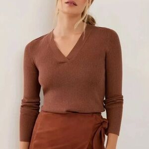 Maeve Women’s Sweater Thea Ribbed V Neck Long Sleeve Sparkly Festive Brown XS